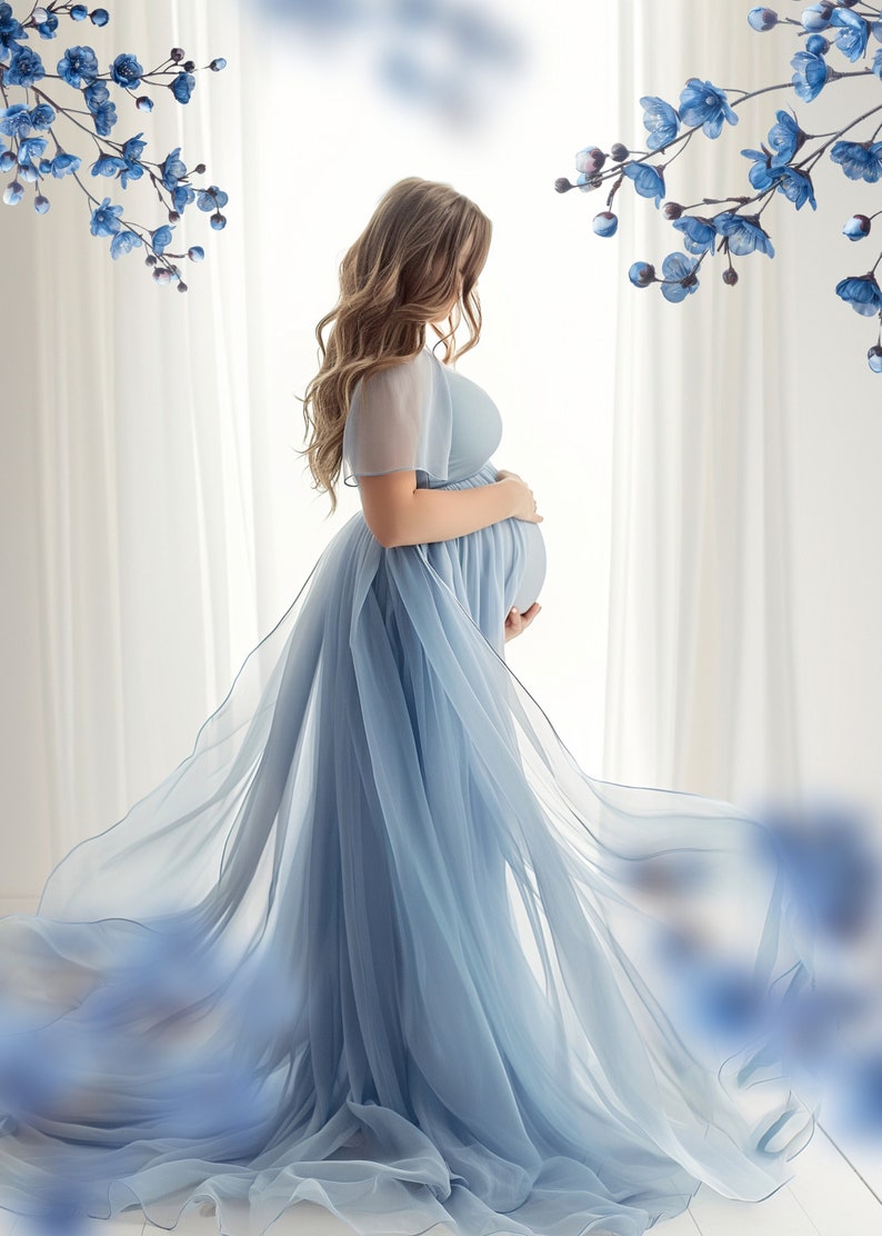 Spring Floral Frame Overlays for Composite Photography, Maternity Backdrop Overlays, Blurred Flower Branch PNG Overlays image 5