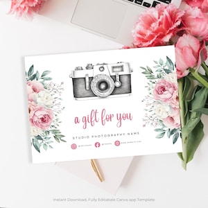 Rosa Fotografie Geschenkgutschein Vorlage, bearbeitbare Geschenkkarte, Fotografie Vorlage, Gutschein für Fotosession, druckbares Marketingzertifikat