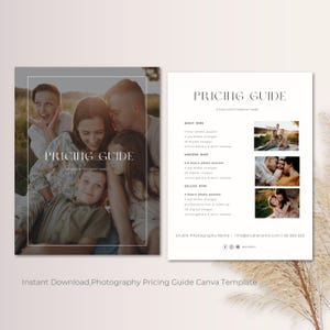 May include: A photography pricing guide template with a family photo on the left and a list of pricing packages on the right. The packages are labeled "Basic", "Modern", and "Deluxe" with prices listed for each. The text "Instant Download, Photography Pricing Guide Canva Template" is at the bottom of the image.
