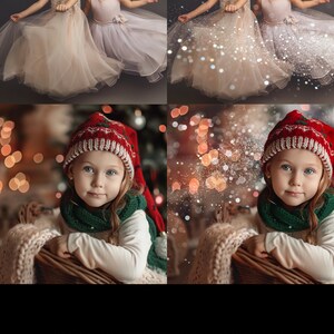 May include: Two girls in sparkly dresses twirling with silver glitter falling around them.  Two girls in red knit hats with white pom-poms are sitting in a wicker basket with a blanket and Christmas lights.