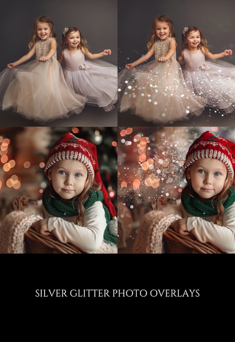 May include: Two girls in sparkly dresses twirling with silver glitter falling around them.  Two girls in red knit hats with white pom-poms are sitting in a wicker basket with a blanket and Christmas lights.
