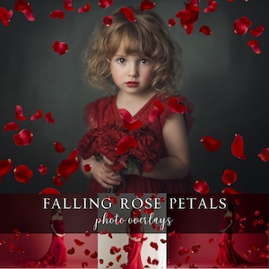 May include: A young girl in a red dress holds a bouquet of red flowers, with red rose petals falling around her. The image has a dark background and the text "FALLING ROSE PETALS photo overlays" is at the bottom.