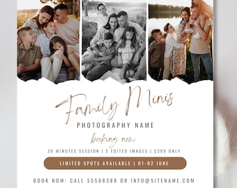 Könnte beinhalten: Eine weiße und braune Anzeige für Familien-Minifotografie-Sessions. Die Anzeige zeigt drei Fotos von Familien in einer natürlichen Umgebung. Der Text lautet "Family Minis", "PHOTOGRAPHY NAME", "booking now", "30 Minuten Session | 5 bearbeitete Bilder | 399 € nur", "BEGRENZTE PLÄTZE VERFÜGBAR | 01-02 JUNI", und "JETZT BUCHEN: RUFEN SIE 55588388 AN ODER INFO@SITENAME.COM".