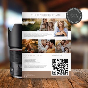 Könnte beinhalten: Ein Marketing-Flyer für ein Fotostudio mit Familienfotos, einem QR-Code und dem Text "Studio Photography Name". Der Flyer enthält den Text "Digital Download Edit Send."