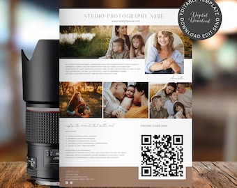 Puede incluir: Un folleto de marketing de estudio de fotografía con fotos familiares, un código QR y el texto "Studio Photography Name". El folleto incluye el texto "Digital Download Edit Send."