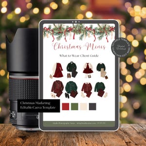 May include: A digital Christmas Minis What to Wear Client Guide template featuring pine branch illustrations with red ribbons, clothing outfit sets, and a color palette of red, green, cream, and dark gray, displayed on a tablet screen.