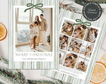 Sage Green Christmas Photo Card Template, Christmas Bow Stripe Family Photo Card, Editable Canva Happy Holidays Template, Digital Download