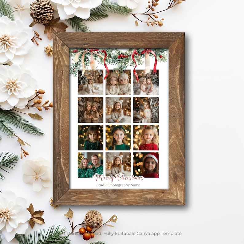 Pu&ograve; includere: Un modello digitale per un collage fotografico di Natale con una cornice in legno rustica. Il modello presenta una ghirlanda di rami di pino con nastri rossi e uno sfondo bianco. Il testo "Buon Natale" &egrave; scritto in corsivo rosa con le parole "Nome dello studio fotografico" sotto. Il modello &egrave; diviso in 12 quadrati, ognuno contenente una foto diversa di bambini.