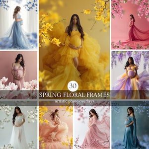 Spring Floral Frame Overlays for Composite Photography, Maternity Backdrop Overlays, Blurred Flower Branch PNG Overlays