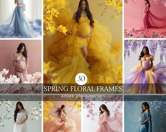 Spring Floral Frame Overlays for Composite Photography, Maternity Backdrop Overlays, Blurred Flower Branch PNG Overlays