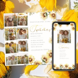 Könnte beinhalten: Eine digitale Fotovorlage mit Sonnenblumen-Thema. Das Design zeigt eine Collage von Fotos, das Wort "Summer" in eleganter Schrift und ein Smartphone, das das gleiche Design anzeigt. Die Vorlage enthält Details für Mini-Sessions.
