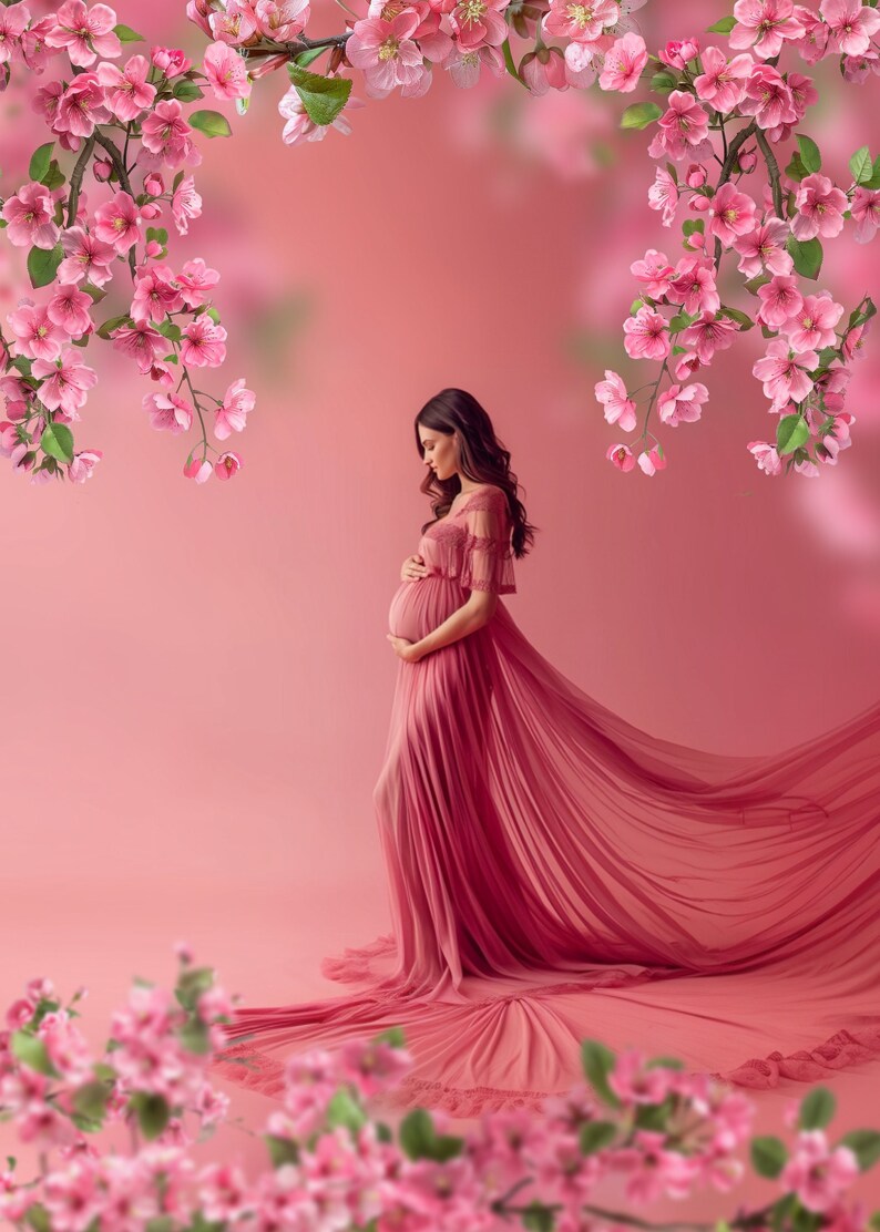Spring Floral Frame Overlays for Composite Photography, Maternity Backdrop Overlays, Blurred Flower Branch PNG Overlays image 8