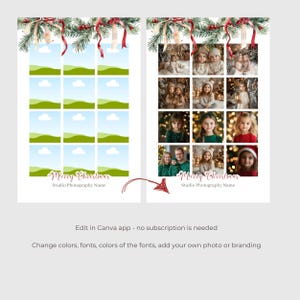 Pu&ograve; includere: Due modelli di cabina fotografica di Natale. Il modello a sinistra presenta un paesaggio verde e blu con nuvole. Il modello a destra presenta un collage di foto di bambini e famiglie. Entrambi i modelli hanno una ghirlanda rossa e bianca con il testo "Buon Natale" e "Nome dello studio fotografico".