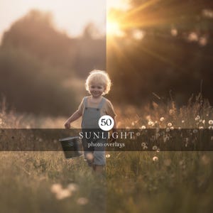 May include: A young child with blonde hair wearing overalls and a light-colored shirt, holding a metal bucket, walks through a field of tall grass. The image has a warm, golden sunlight effect, with the text "50 SUNLIGHT photo overlays" overlaid on the image.
