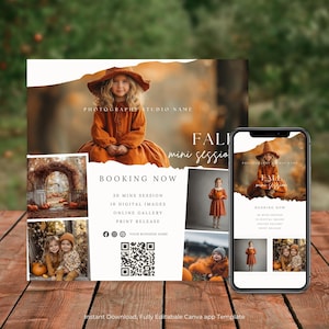 May include: A digital marketing template for autumn photography mini sessions featuring a child in an orange dress and hat, a pumpkin patch scene, and a QR code. The layout includes text for booking, session details, and social media icons.