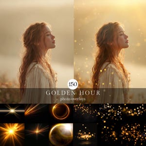 May include: A digital product featuring 150 photo overlays. The image shows a woman with long red hair in a cream-colored dress, with a golden hour effect. The bottom of the image displays various golden light effects.