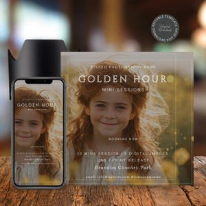 Puede incluir: Un teléfono inteligente y un letrero acrílico transparente muestran una imagen promocional para un estudio de fotografía. La imagen presenta a una niña pelirroja. El texto en el letrero dice "GOLDEN HOUR MINI SESSIONS" e incluye información de reserva.