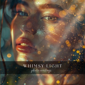 May include: A close-up of a woman's face with sparkling gold and silver glitter on her skin. The background is blurred and has a golden glow with bokeh lights. The text "WHIMSY LIGHT photo overlays" is at the bottom of the image.