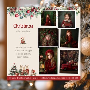 Puede incluir: Imagen promocional para una mini sesión de fotos de Navidad. El diseño presenta la palabra "Christmas" en rojo, junto con imágenes de niños con atuendos festivos. El texto incluye detalles de la sesión e información de contacto.