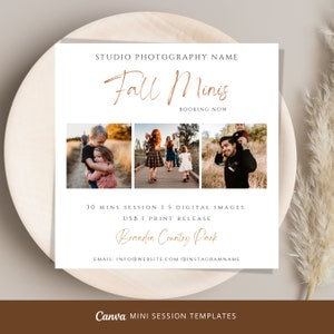 Puede incluir: Un folleto blanco con el texto "Studio Photography Name Fall Minis Booking Now" en letra cursiva marrón. El folleto tiene tres fotos de familias en un entorno de parque. El texto debajo de las fotos dice "30 mins session | 5 digital images USB | print release Branden Country Park Email: info@website.com @instagramname".