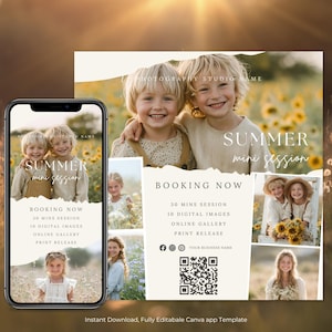 May include: A digital marketing template for a photography studio. The design features children in a field of sunflowers, with the text "SUMMER mini session" and "BOOKING NOW". Includes a QR code and social media icons.