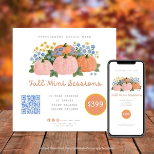 Mallar för marknadsföring av höstfotografering med minifotografering, QR-kodsmall, inlägg för sociala medier, digital nedladdning