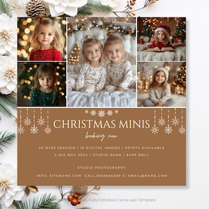 Può includere: Una grafica promozionale per le sessioni fotografiche Christmas Mini. L'immagine presenta un collage di ritratti di bambini in ambientazioni festive, con testo sovrapposto in un banner marrone che recita "CHRISTMAS MINIS booking now". Il banner include i dettagli della sessione e le informazioni di contatto.
