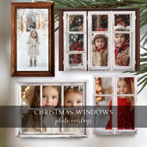 Op de afbeelding: Een verzameling foto-overlays met kerstthema, met kinderen en winterse scènes. Bevat ingelijste afbeeldingen en raamstijl overlays met kinderen in winterkleding, sneeuw en feestelijke decoraties. Tekst: "CHRISTMAS WINDOWS photo overlays."