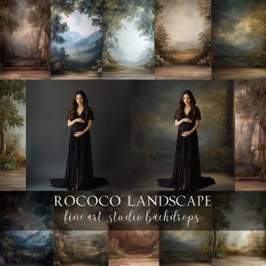 Könnte beinhalten: Eine Sammlung von Rococo Landscape Fine-Art-Studio-Hintergründen. Die Hintergründe zeigen verschiedene Landschaftsszenen, darunter Wälder, Berge und neblige Umgebungen. Eine Frau in einem schwarzen Kleid befindet sich in der Mitte des Bildes.