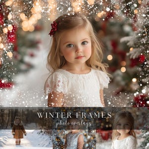 May include: A young girl with blonde hair and a red hair accessory is the focal point of this image. She wears a white lace dress and is surrounded by a snowy, festive background with bokeh lights and red and white decorations. The text "WINTER FRAMES photo overlays" is at the bottom.