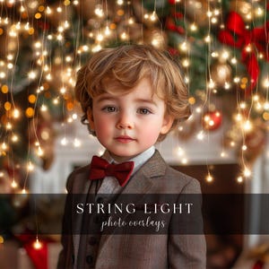 May include: A young boy wearing a brown suit and a red bow tie stands in front of a background of twinkling string lights. The text "STRING LIGHT photo overlays" is at the bottom of the image.
