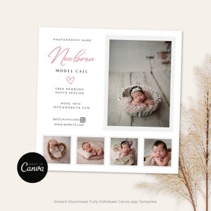 Puede incluir: Una plantilla Canva blanca y rosa para una convocatoria de modelo recién nacido. La plantilla presenta un corazón rosa, el texto "Newborn Model Call" y una oferta de sesión de fotos gratuita para recién nacidos. La plantilla también incluye información de contacto y nombres de usuario de redes sociales. La plantilla está decorada con imágenes de bebés.