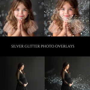 May include: Two images showing the effect of silver glitter overlays on photos. The first image shows a young girl with her hands clasped in front of her. The second image shows a pregnant woman standing with her hands on her belly. Both images have a silver glitter overlay effect.