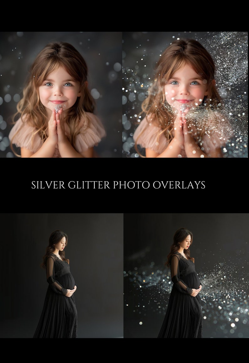 May include: Two images showing the effect of silver glitter overlays on photos. The first image shows a young girl with her hands clasped in front of her. The second image shows a pregnant woman standing with her hands on her belly. Both images have a silver glitter overlay effect.