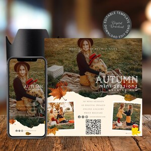 Könnte beinhalten: Eine digitale Vorlage für Herbst-Minisessions, die eine Frau und ein Kind in Herbstkleidung zeigt. Das Design enthält den Text "Autumn mini sessions booking now" und Details zur Session. Ein Smartphone zeigt das gleiche Design.