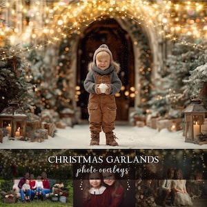 May include: A young child in winter clothing holds a snowball in a snowy outdoor scene. The child is wearing a gray sweater, brown overalls, and a knit cap. The background features Christmas lights, lanterns, and evergreen trees. The image includes the text "CHRISTMAS GARLANDS photo overlays".