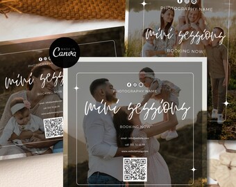 May include: Promotional material for photography mini sessions. The design features a family in a natural setting, with the text "mini sessions" in a flowing script. Includes contact information and a QR code for booking.