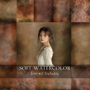 Könnte beinhalten: Digitale Kunstkomposition mit einer Frau in einem weißen Kleid, umgeben von Aquarelltexturen in Braun-, Orange- und Beigetönen. Der Text "SOFT WATERCOLOR" und "fine art textures" ist zu sehen.
