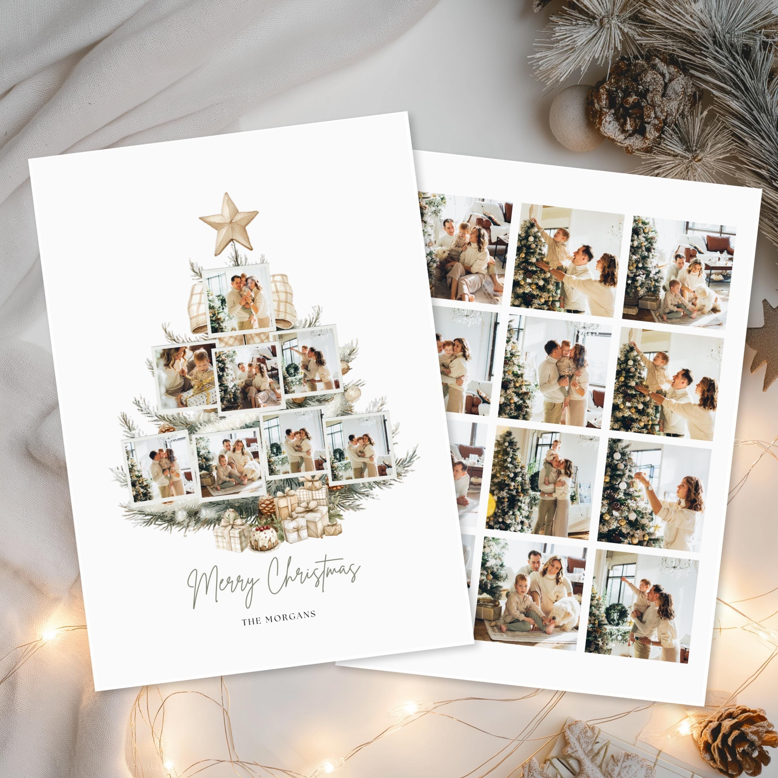 Tree Photo Cards Beige Watercolor Christmas Tree Photo Card Template, Editable Canva ...