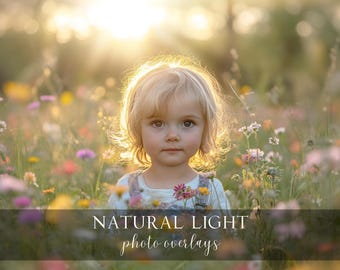 May include: A young child with blonde hair stands in a field of wildflowers. The sun shines brightly behind the child, creating a warm glow. The child is wearing a white shirt and a floral headband. The text "NATURAL LIGHT photo overlays" is displayed at the bottom of the image.