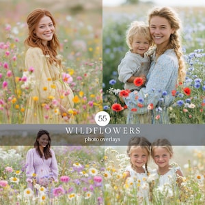 May include: A collage of four images featuring people in a field of wildflowers. The images include a woman in a yellow dress, a woman holding a child, a woman in a purple dress, and two young girls. The text "55 WILDFLOWERS photo overlays" is displayed.