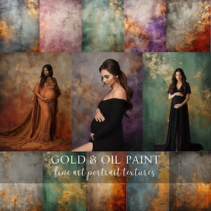 May include: Nine digital backgrounds with textured oil paint and gold accents. The backgrounds are in various colors, including green, purple, brown, and orange.  The text "GOLD & OIL PAINT fine art portrait textures" is at the bottom of the image.