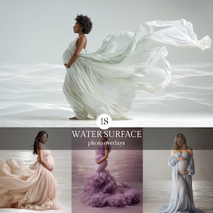 Puede incluir: Colección de superposiciones fotográficas de maternidad con mujeres con vestidos fluidos. La imagen principal muestra a una mujer con un vestido verde claro con tela ondeando a su alrededor. El texto "WATER SURFACE photo overlays" es visible.