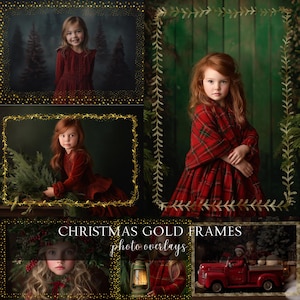 Op de afbeelding: Een verzameling foto-overlays met kerstthema, met kinderen in feestelijke kleding. De afbeeldingen zijn omlijst met gouden decoratieve randen. De tekst "CHRISTMAS GOLD FRAMES photo overlays" staat in het midden.
