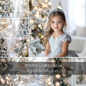 Puede incluir: Un collage de imágenes que presenta a una niña con un vestido blanco y una tiara plateada, sobre un fondo de árboles de Navidad blancos con luces parpadeantes. Se muestra el texto "WHITE CHRISTMAS digital backdrops set".