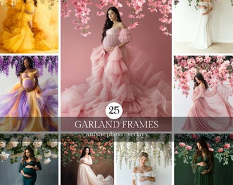 Spring Floral Garland Photo Overlays, Maternity Composite Photography PNGs