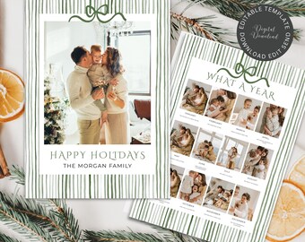 Holiday Photo Card Template, Christmas Bow Stripe Family Photo Card, Editable Canva Happy Holidays Template, Digital Download