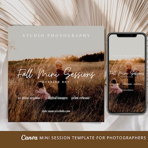 May include: A digital marketing template for photographers advertising fall mini sessions. The template features a photo of two children in a field with a sunset in the background. The text on the template reads "Studio Photography Fall Mini Sessions Booking Now 30 mins session 5 digital images print release info: name@website.com"