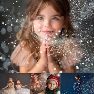 May include: A collage of three images featuring children and adults with silver glitter overlays. The first image shows two young girls in white dresses with silver glitter falling around them. The second image shows a young girl in a red hat and green scarf with silver glitter falling around her. The third image shows a pregnant woman in a blue dress with silver glitter falling around her. The text "SILVER GLITTER PHOTO OVERLAYS" is at the bottom of the collage.