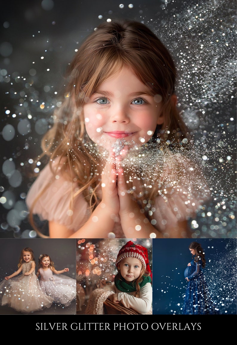 May include: A collage of three images featuring children and adults with silver glitter overlays. The first image shows two young girls in white dresses with silver glitter falling around them. The second image shows a young girl in a red hat and green scarf with silver glitter falling around her. The third image shows a pregnant woman in a blue dress with silver glitter falling around her. The text "SILVER GLITTER PHOTO OVERLAYS" is at the bottom of the collage.